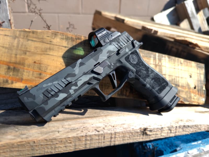 Cerakote project by Amendment Works Raleigh NC — SIG P320 Urban Camo in H-146 Graphite Black, H-214 Bull Shark Grey