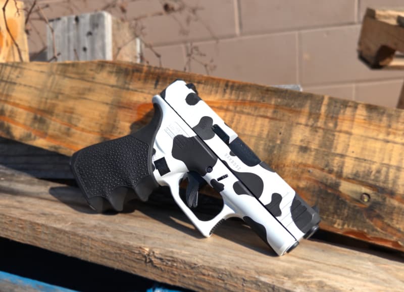 Cerakote project by Amendment Works Raleigh NC — Glock 43X in Cow Print in H-297 Stormtrooper White, H-146 Graphite Black