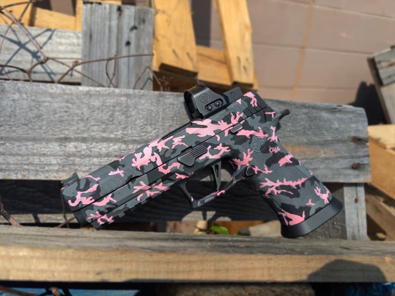 Cerakote project by Amendment Works Raleigh NC — SIG P320 in Pink Camo in H-244 Bazooka Pink, H-297 Stormtrooper White, H-146 Graphite Black, H-214 Bull Shark Grey