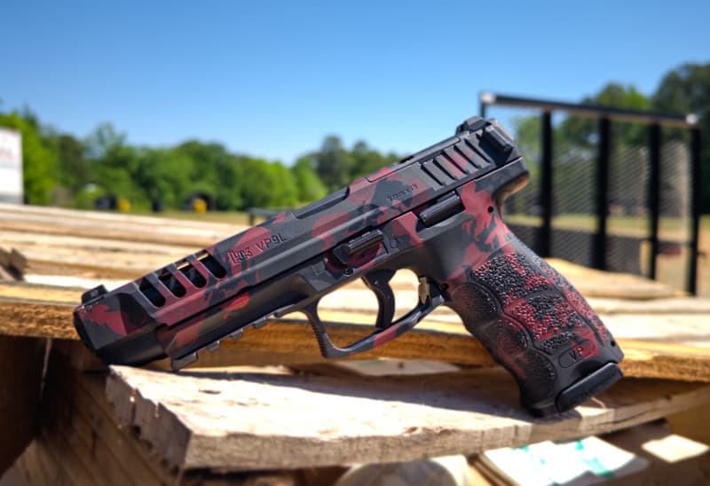 Cerakote project by Amendment Works Raleigh NC — HK VP9L Custom Camo in H-234 Sniper Grey, H-146 Graphite Black, H-306 Ruby Red