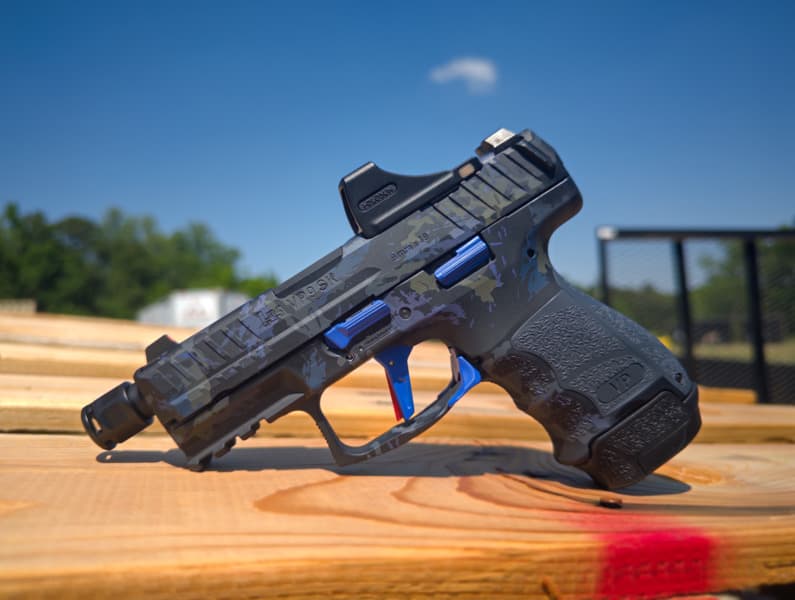 Cerakote project by Amendment Works Raleigh NC — HK VP9 Custom Camo in H-127 Kel-Tec Navy Blue, H-130 Combat Grey, H-357 Periwinkle
